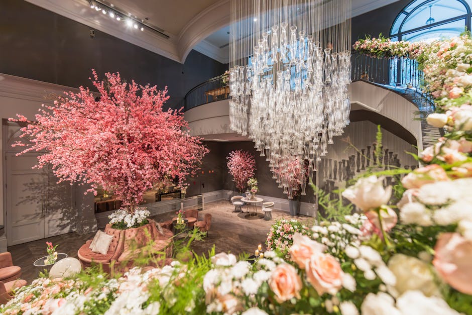 An elegant indoor floral arrangement featuring a large, vibrant pink cherry blossom tree with densely packed blossoms, positioned centrally on a pink, cushioned seating area decorated with white flowe