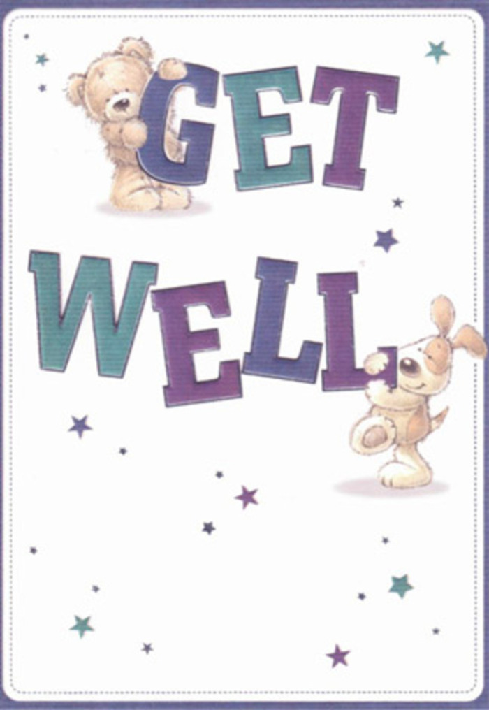 Filled with gentle encouragement, this get well card depicts a scene so sweet it could easily belong to a window display on a sunlit Mayfair morning. A soft brown bear and a playful puppy nestle among large, festive letters shaded in deep purples and tranquil aquas, the kind of harmonious palette you might find in a spring bouquet arranged at Flowers Mayfair. Shimmering stars glide across the creamy white expanse, each one evoking a flicker of hope and goodwill-like wishes drifting through the quiet charm of Hanover Square. The bear's fluffy fur and the velvety ears of the puppy appear almost tangible, textured so convincingly you can imagine the comfort of their gentle touch. This thoughtful illustration suggests the ritual of composing a bouquet for a loved one unwell: every detail carefully chosen to lift the spirit. The overall effect is a blend of joyful innocence and reassuring warmth-a visual embrace perfect for delivering comfort to a neighbour convalescing in Mayfair or a friend recuperating near Hyde Park. Whether paired with fresh flowers from a local shop or sent on its own, the card's cheerful scene offers heartfelt encouragement and a promise of brighter days ahead.