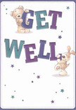 Brimming with warmth and cheer, this lively get well card features two endearing companions-a friendly teddy bear and an eager puppy-who seem to leap from the page, collaborating to hold up the vibrant message 'Get Well' in bold, welcoming hues of indigo and teal. Surrounded by sparkling stars in dreamy shades of blue and amethyst, the scene glows with an uplifting, hopeful energy, reminiscent of a walk through Mayfair's serene squares at dusk. The bear's downy fur and the dog's velvety, floppy ears are rendered in such a tactile style that one can almost sense their comforting embrace-the kind of gentle reassurance only a true companion, or a thoughtfully crafted bouquet, can bring. Set against a smooth ivory background, the playful composition evokes not only childlike optimism but also the genuine care that Mayfair florists put into every arrangement destined to brighten a neighbour's doorstep. This card, much like a bespoke floral delivery, offers an emotional salve and a dose of kindness to anyone on the mend in London's elegant heart.